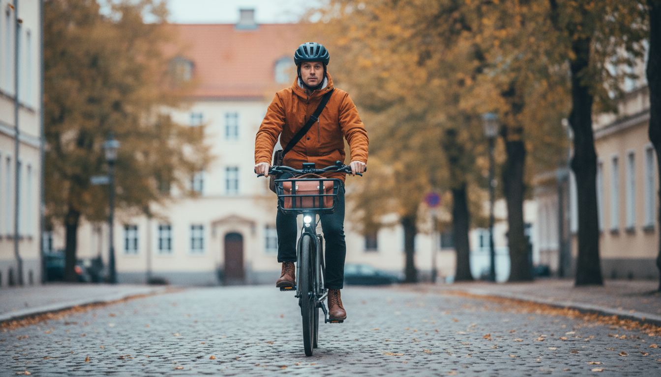 Adult wearing a helmet riding an electric bike on an autumn cobblestone street