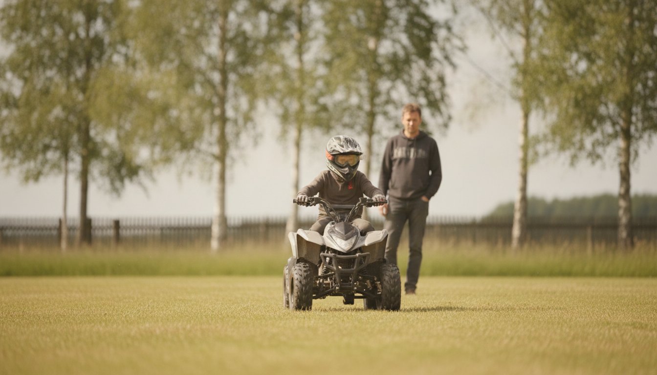 A child rides a kids ATV wearing a helmet and goggles on a private grass field, a parent watching nearby