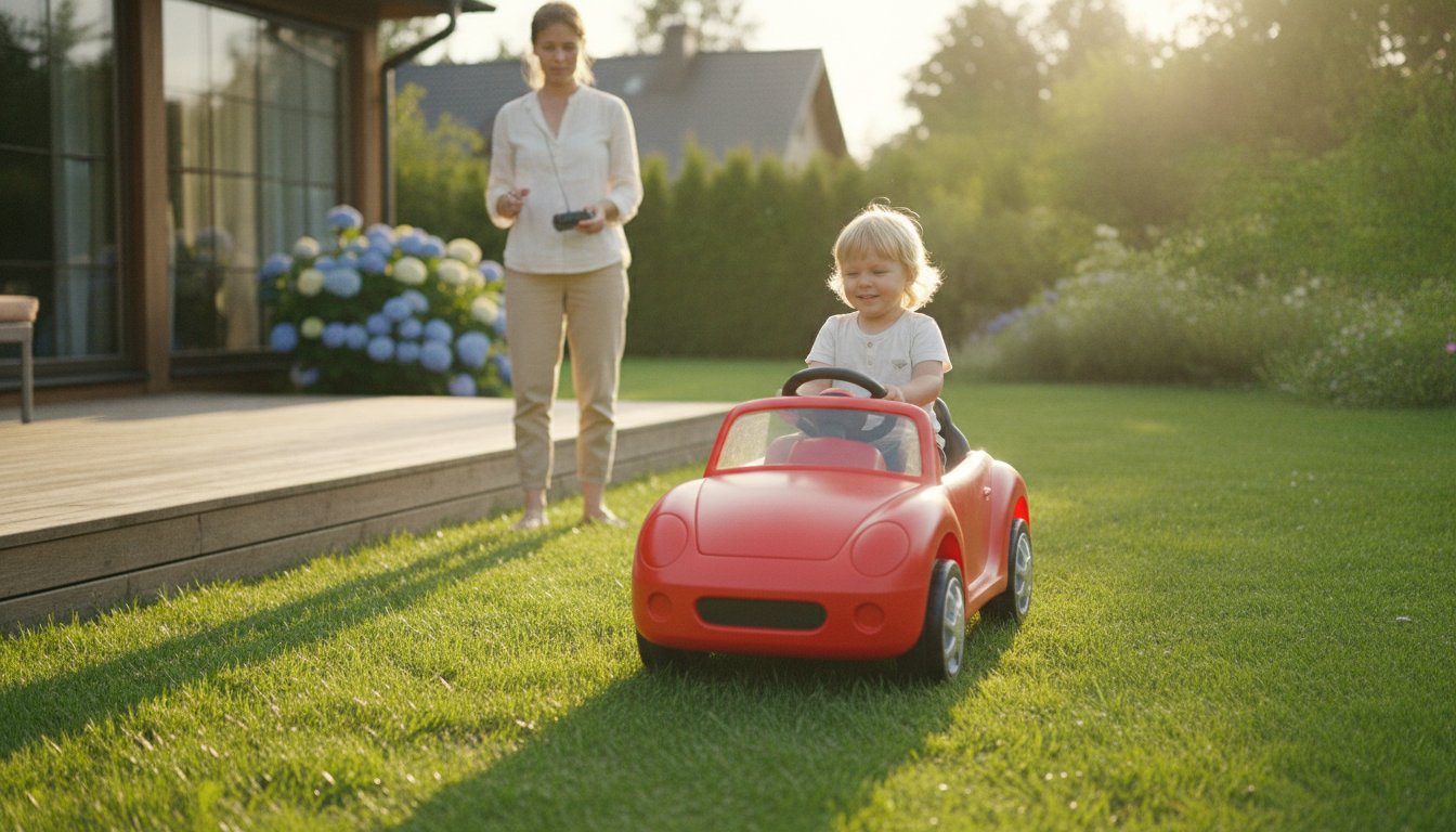 A child drives a red kids electric ride-on car on a garden lawn, a parent supervising with the remote control
